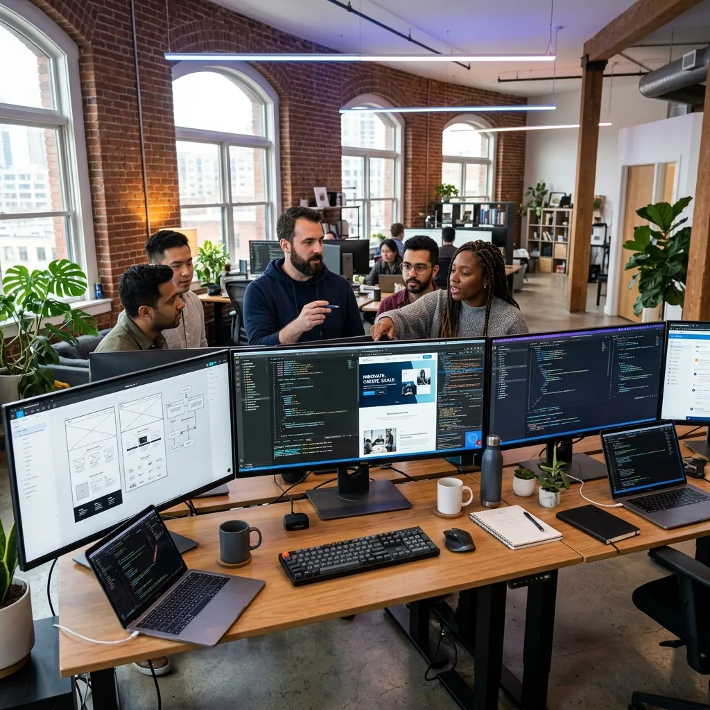 Equipe de desenvolvimento revisando sites em suas estações de trabalho