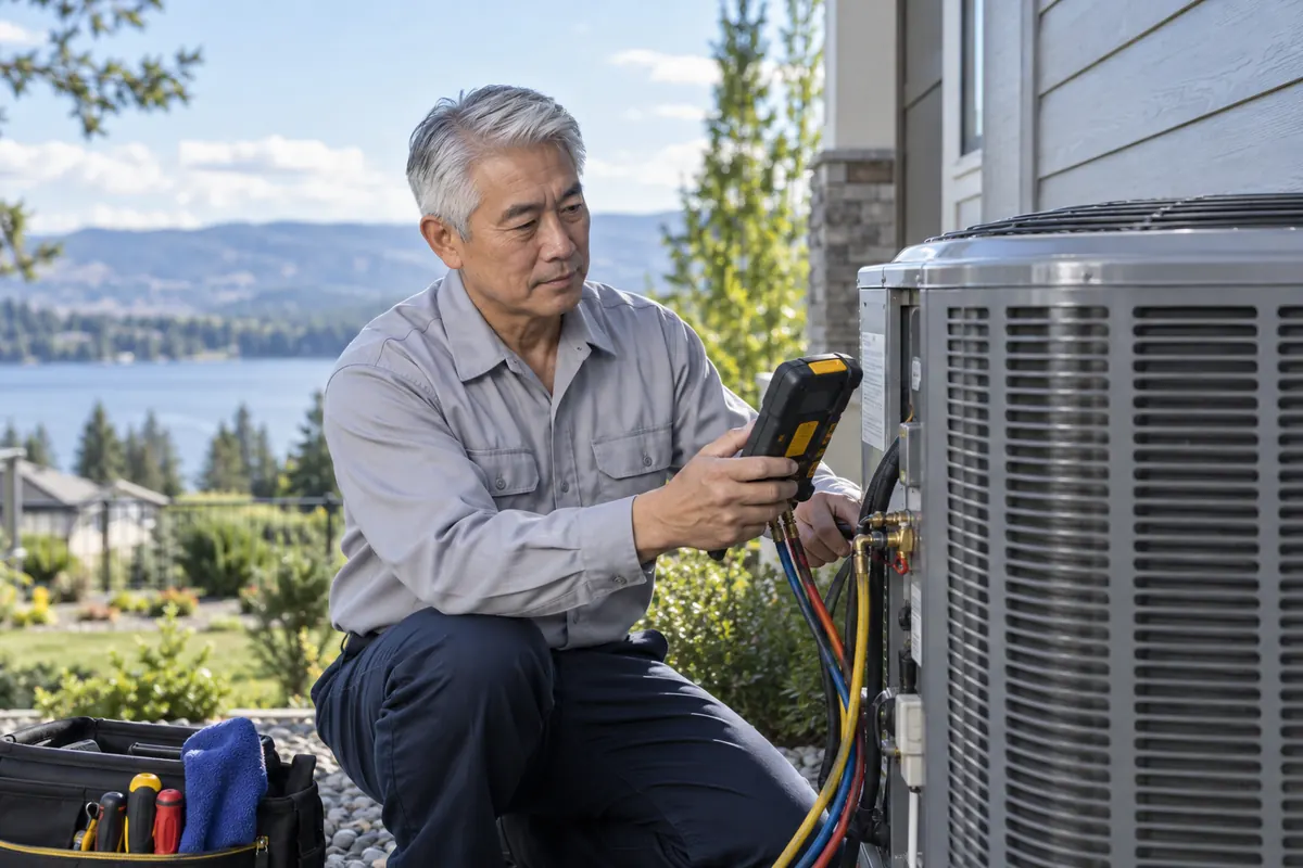 HVAC technician inspecting an outdoor cooling unit