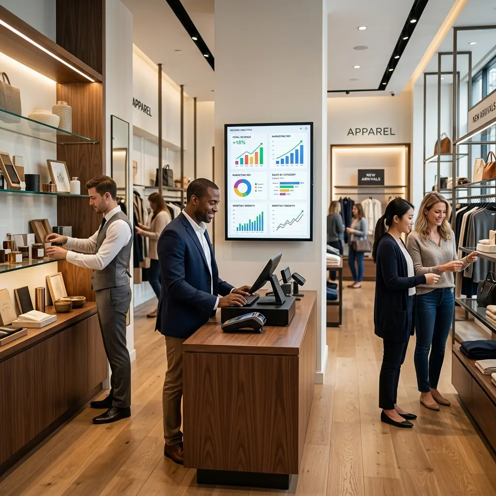 Illustrative marketing team reviewing connected business information