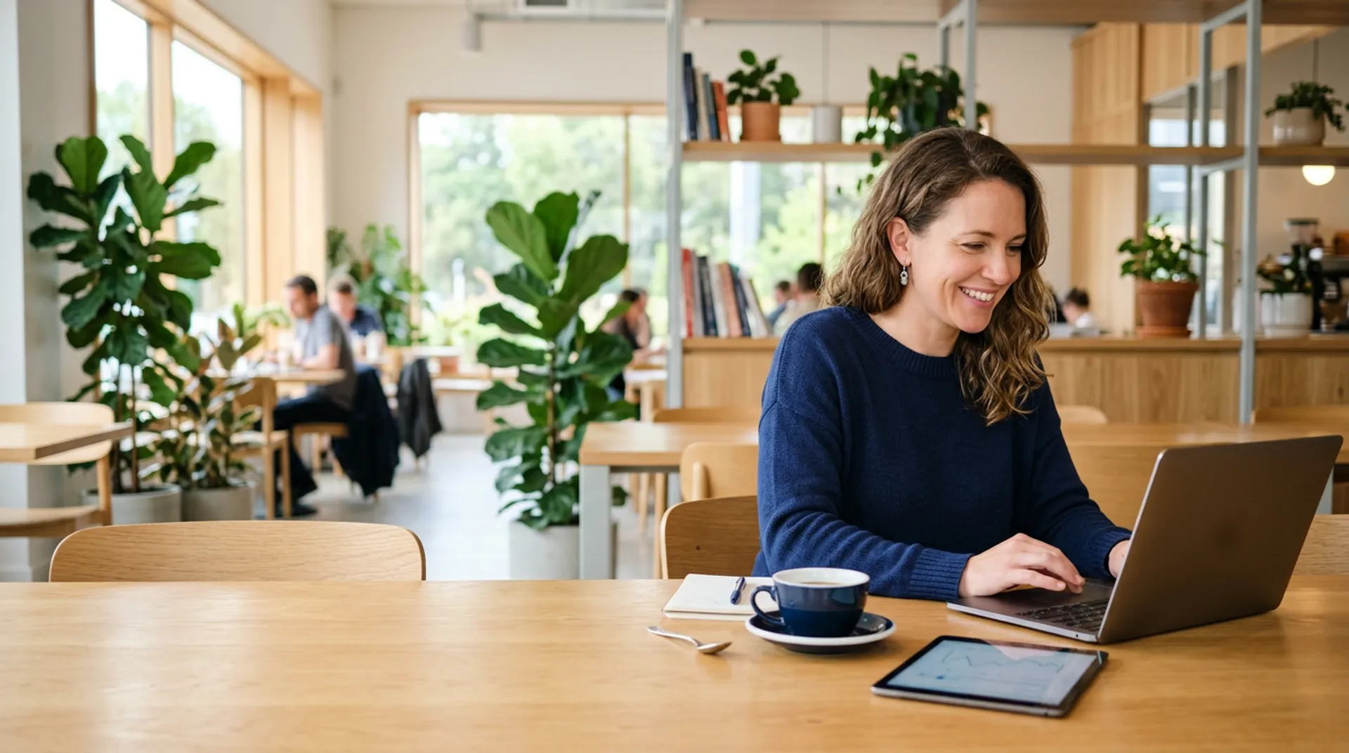Business owner exploring software on a laptop in a bright office