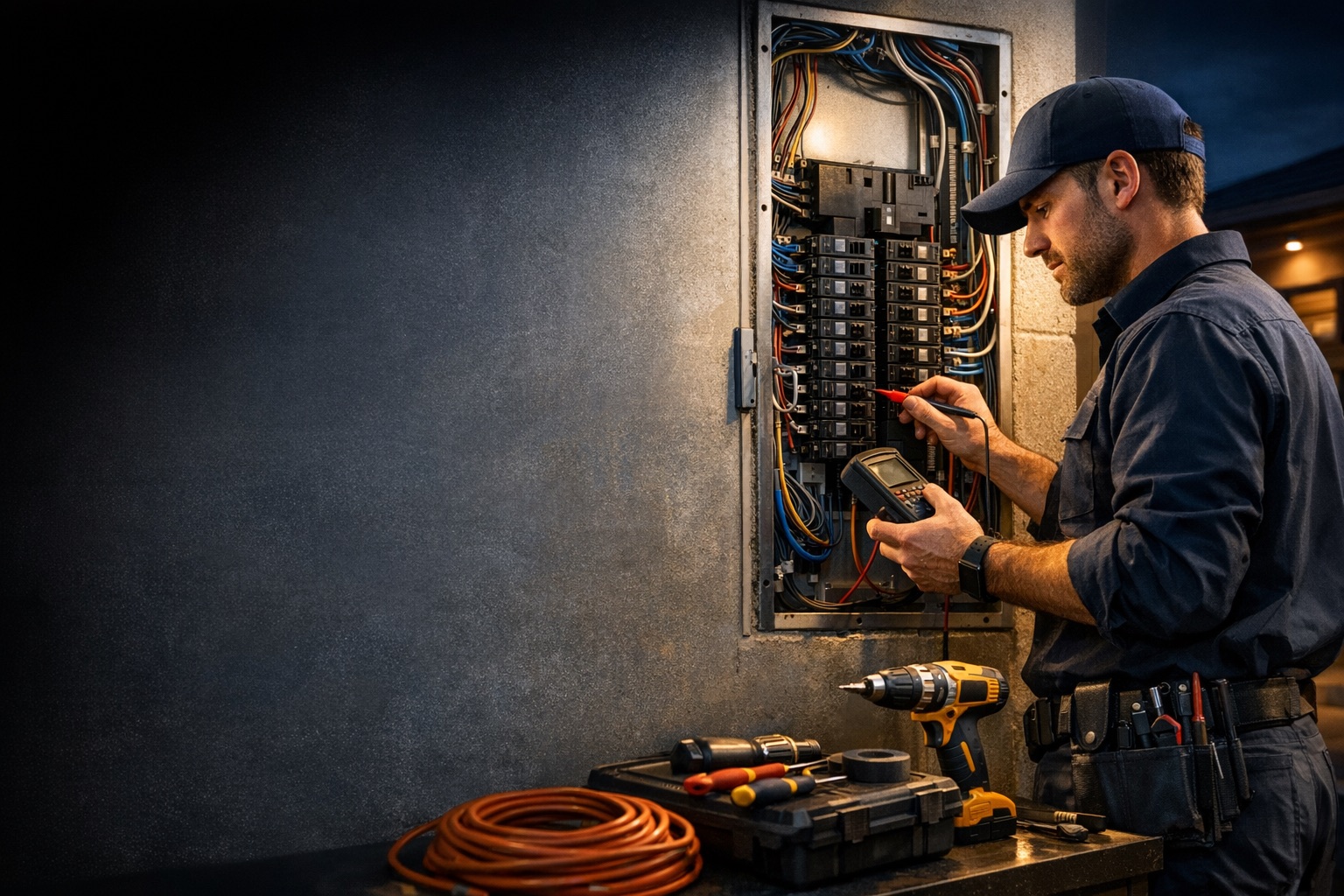 Eletricista fazendo manutenção em um painel de disjuntores em um ambiente residencial
