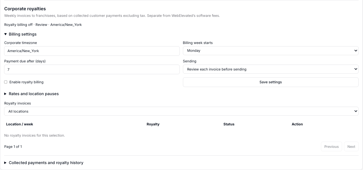 Configuración real de demostración de regalías corporativas e historial semanal