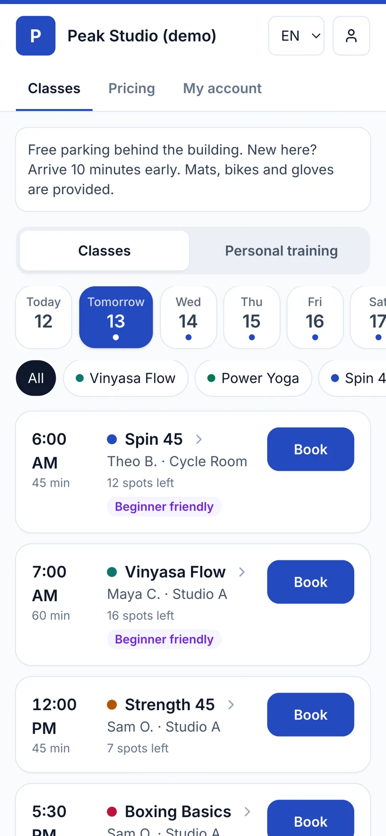 A studio’s booking page on a phone, with tomorrow’s classes and Book buttons.