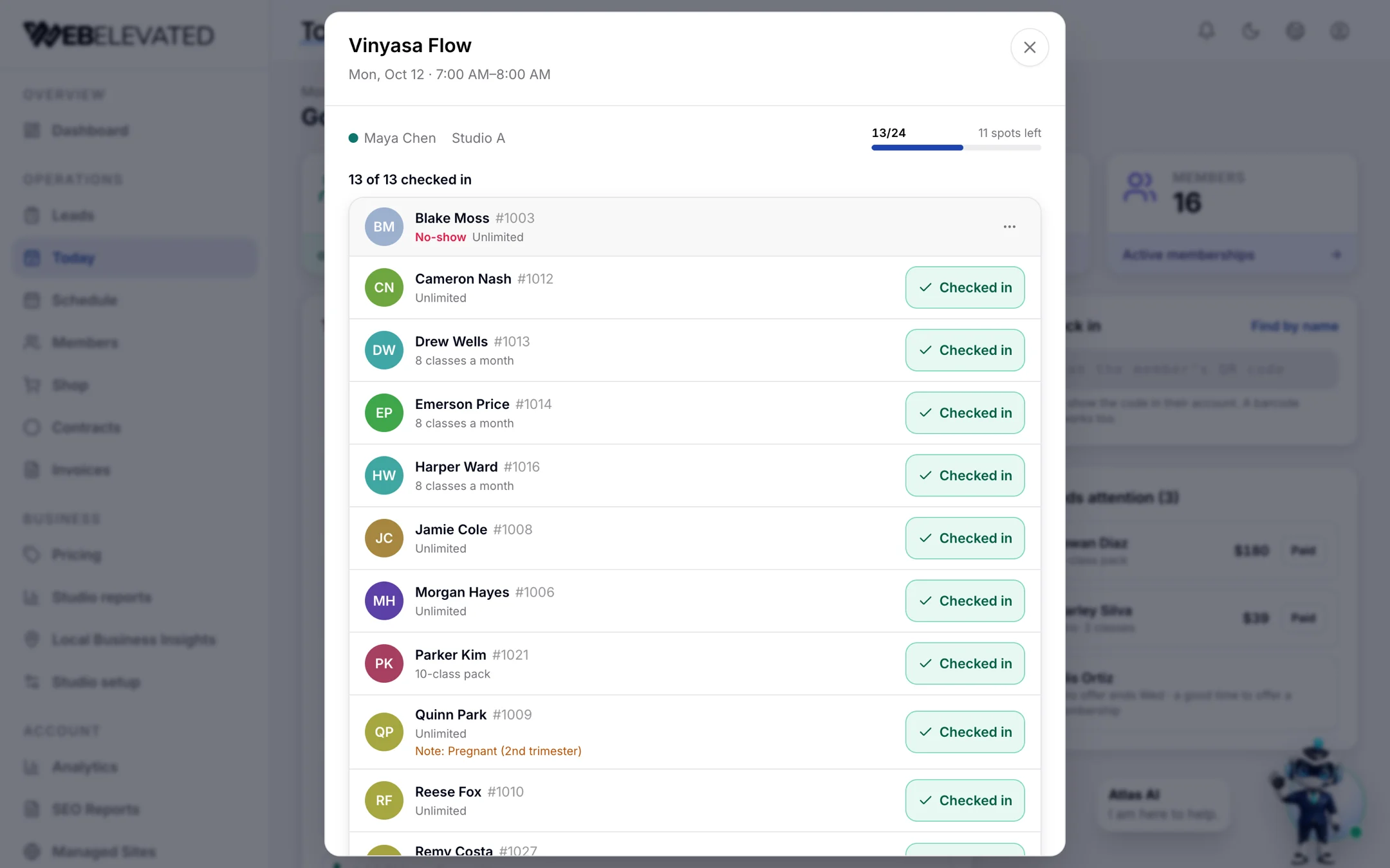 Class roster in WebElevated with members checked in, a no-show and an instructor note.