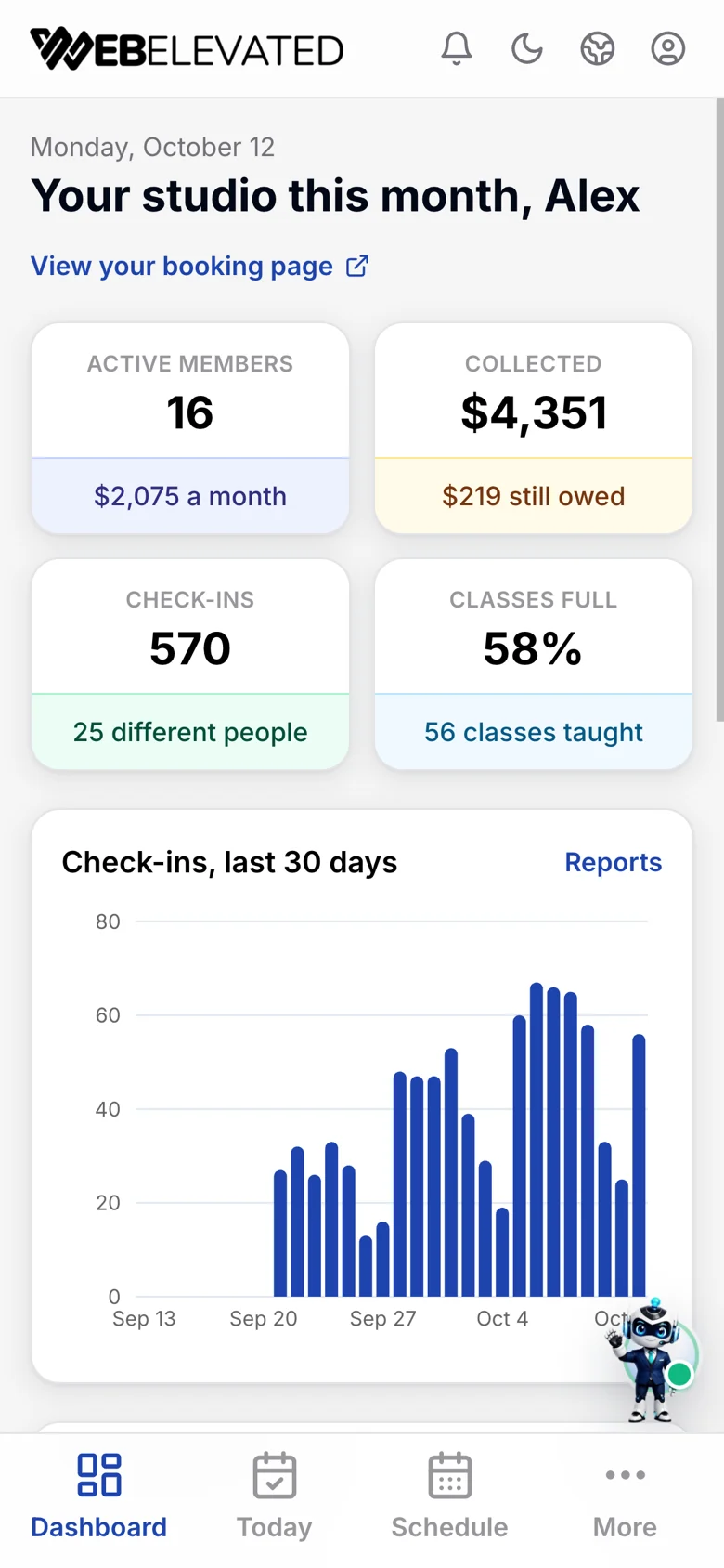 WebElevated studio dashboard on a phone with active members, money collected and check-ins.