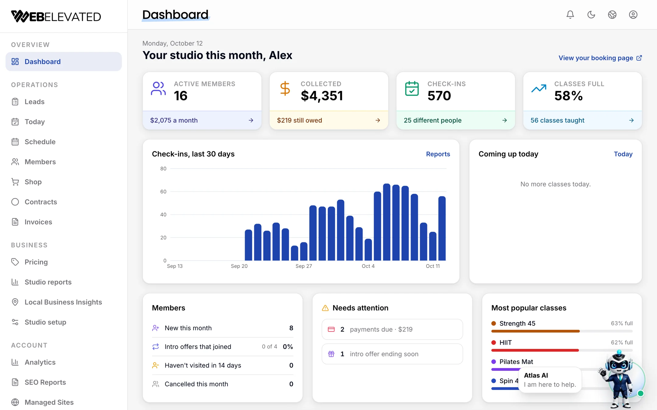 WebElevated gym dashboard with active members, money collected, check-ins, classes full and a 30-day check-in chart.