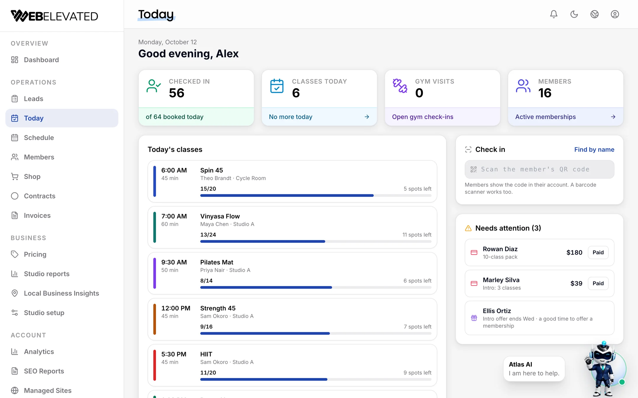 Today screen in WebElevated showing the day’s classes with spots left, a check-in box and a needs-attention list.