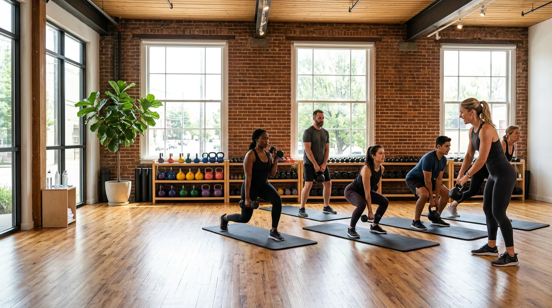 Instructor coaching a group strength class in a bright fitness studio