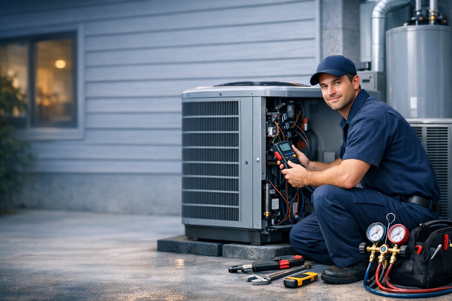 HVAC technician servicing a residential heating and cooling system