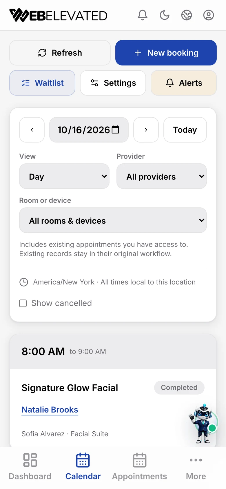 Med spa calendar on a phone with the day’s appointments.