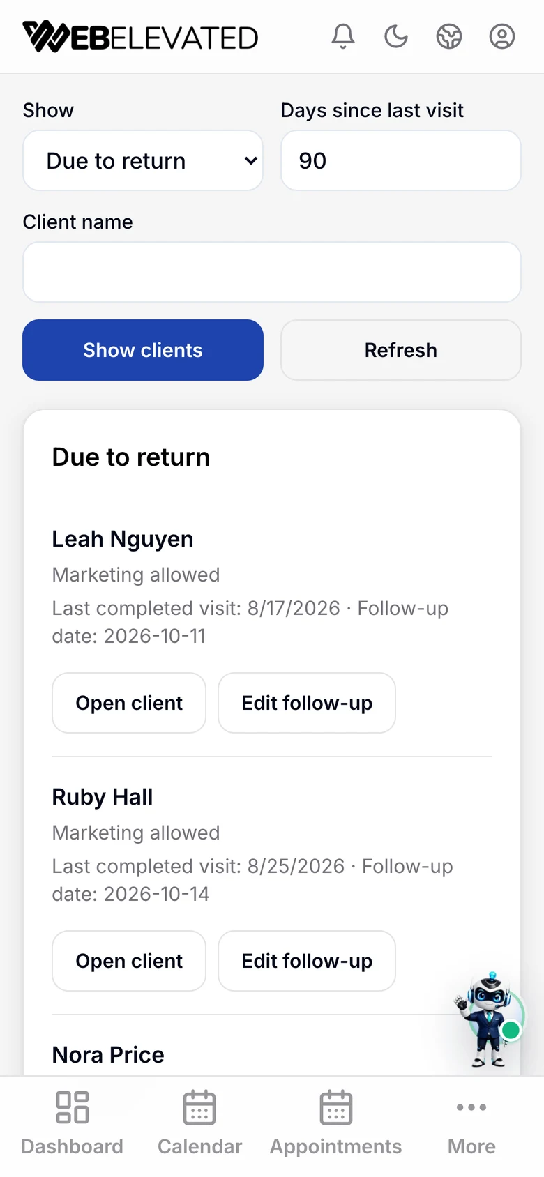 Med spa follow-ups list on a phone showing clients due to return.
