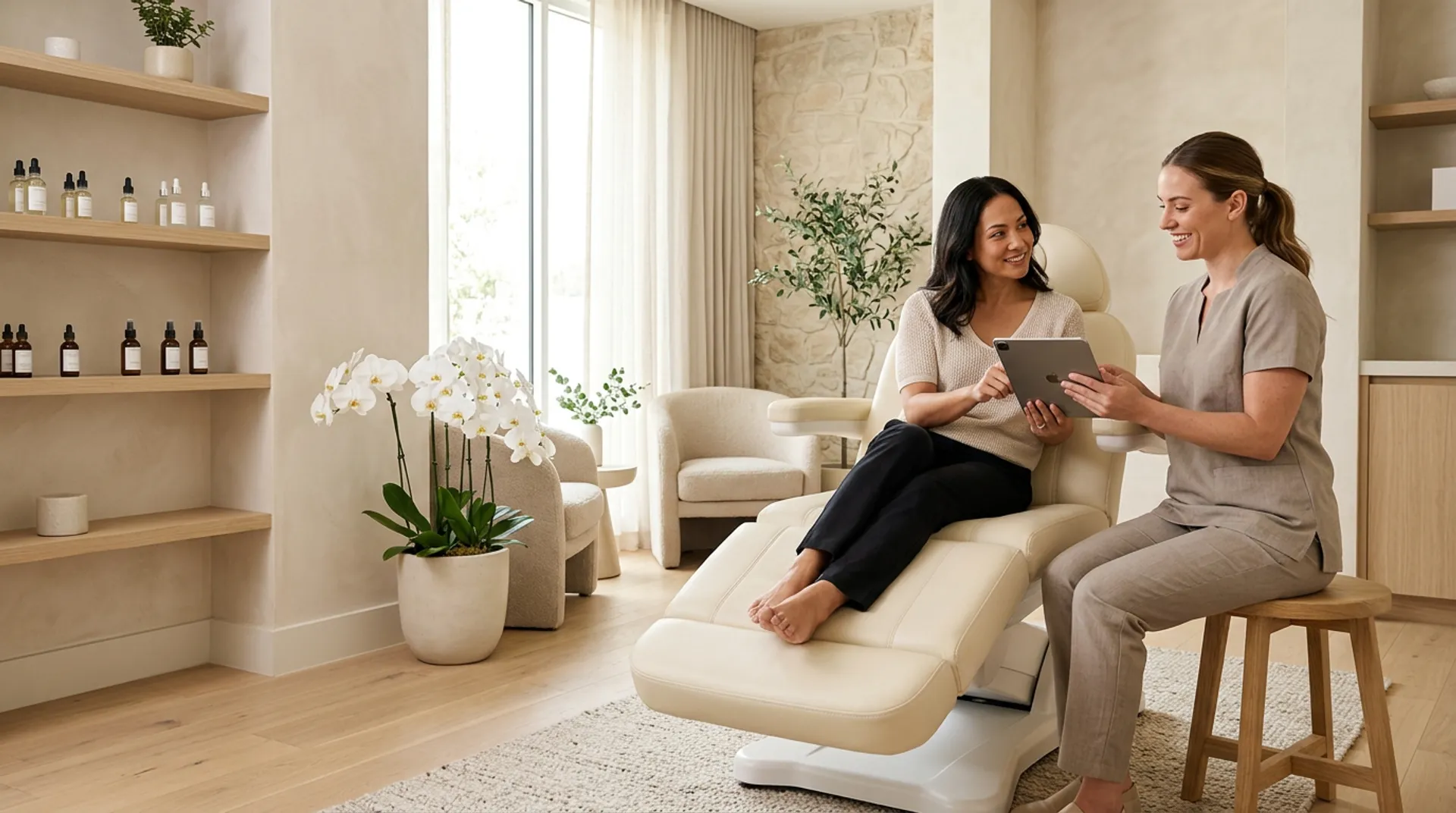 Aesthetician reviewing a treatment plan on a tablet with a client in a bright med spa treatment room
