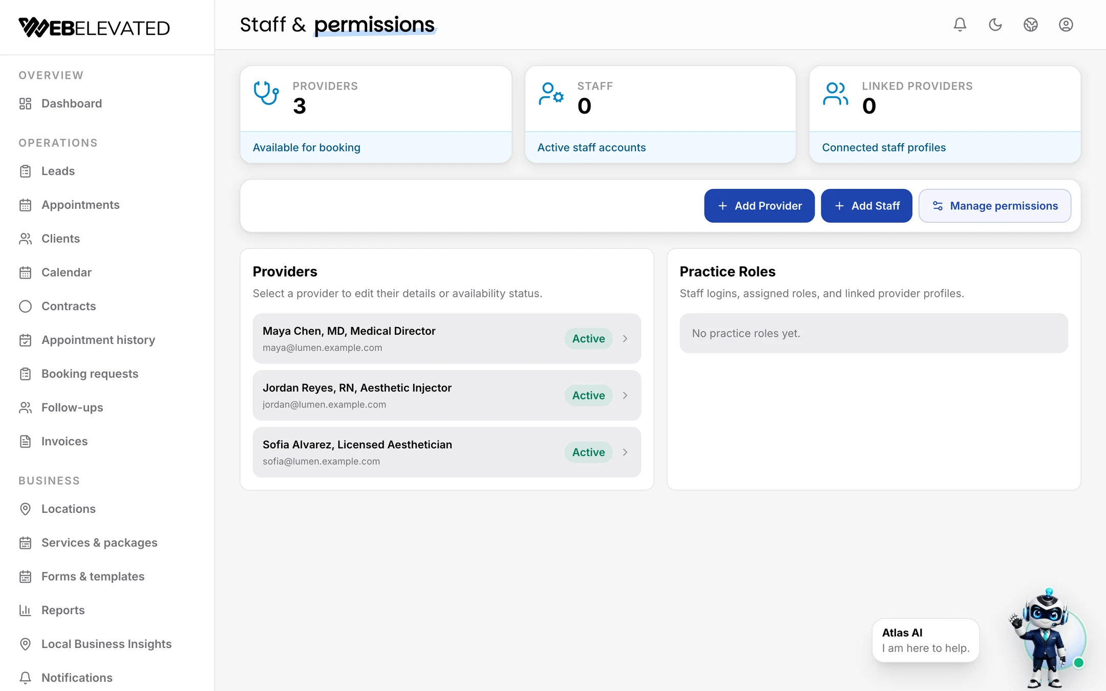 Staff and permissions screen in WebElevated with providers, staff and permission controls.