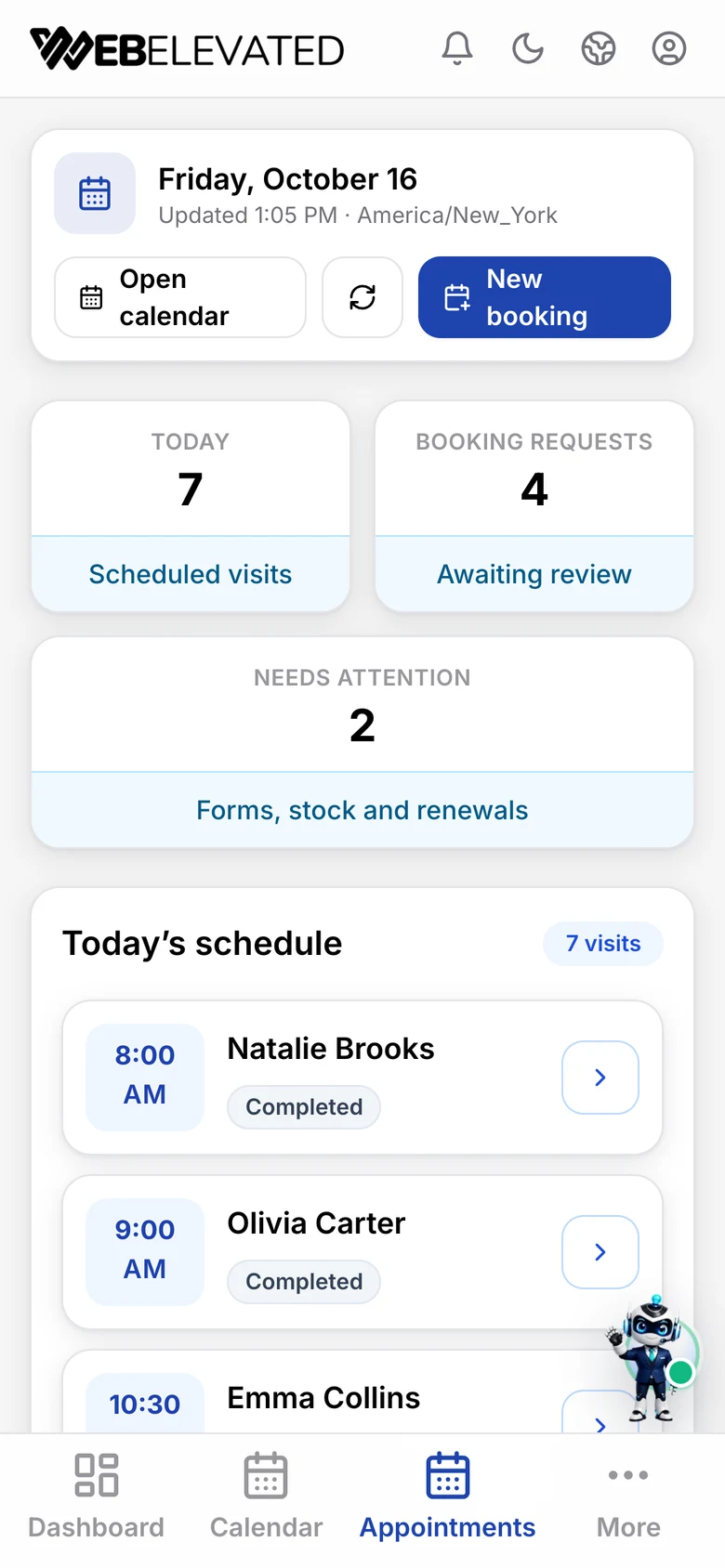Med spa Today screen on a phone with the day’s visits and booking requests.