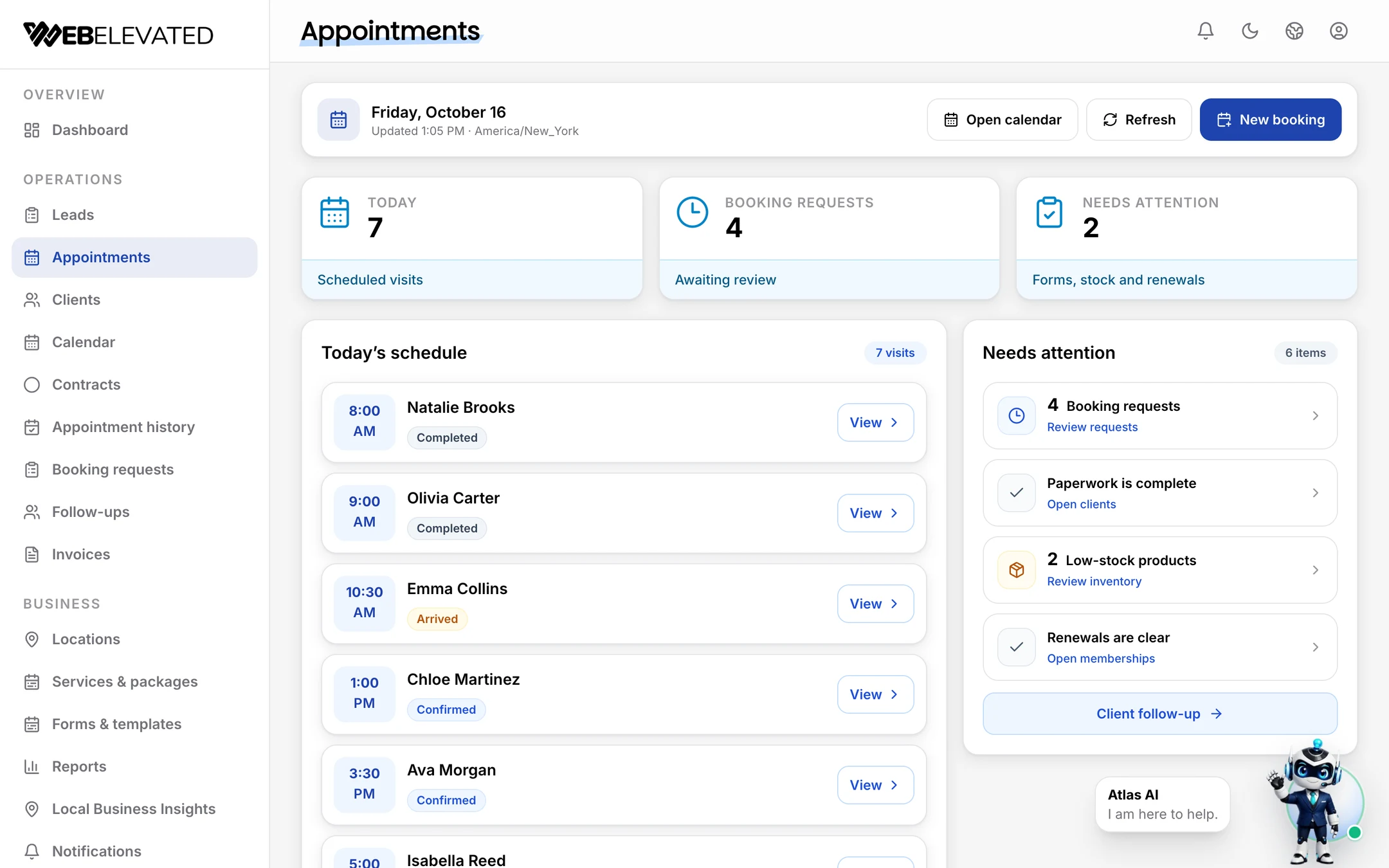 WebElevated Today screen for a med spa with the day’s visits, booking requests and items that need attention.