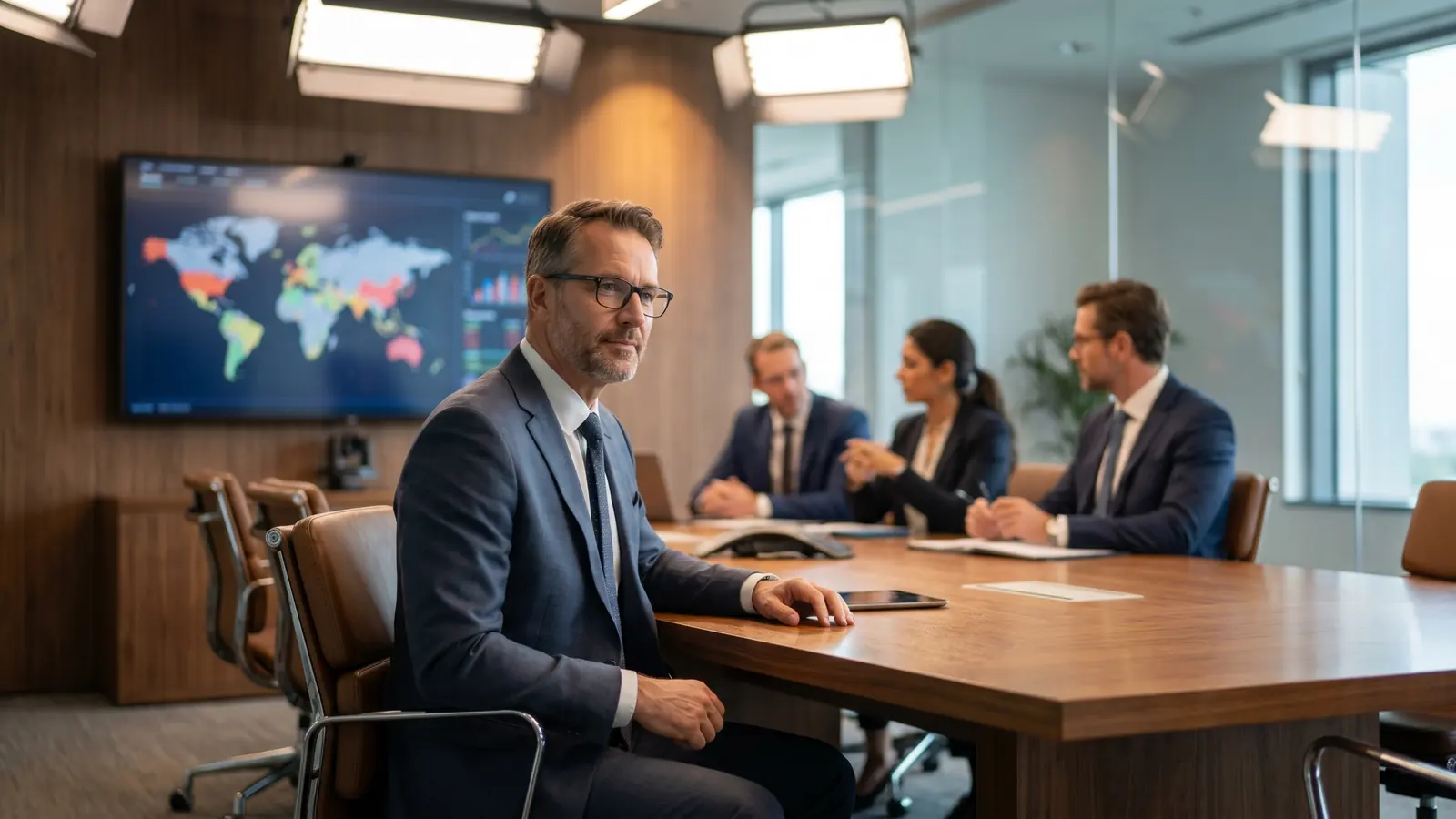 B2B franchise executive in a boardroom preparing for a commercial growth meeting.