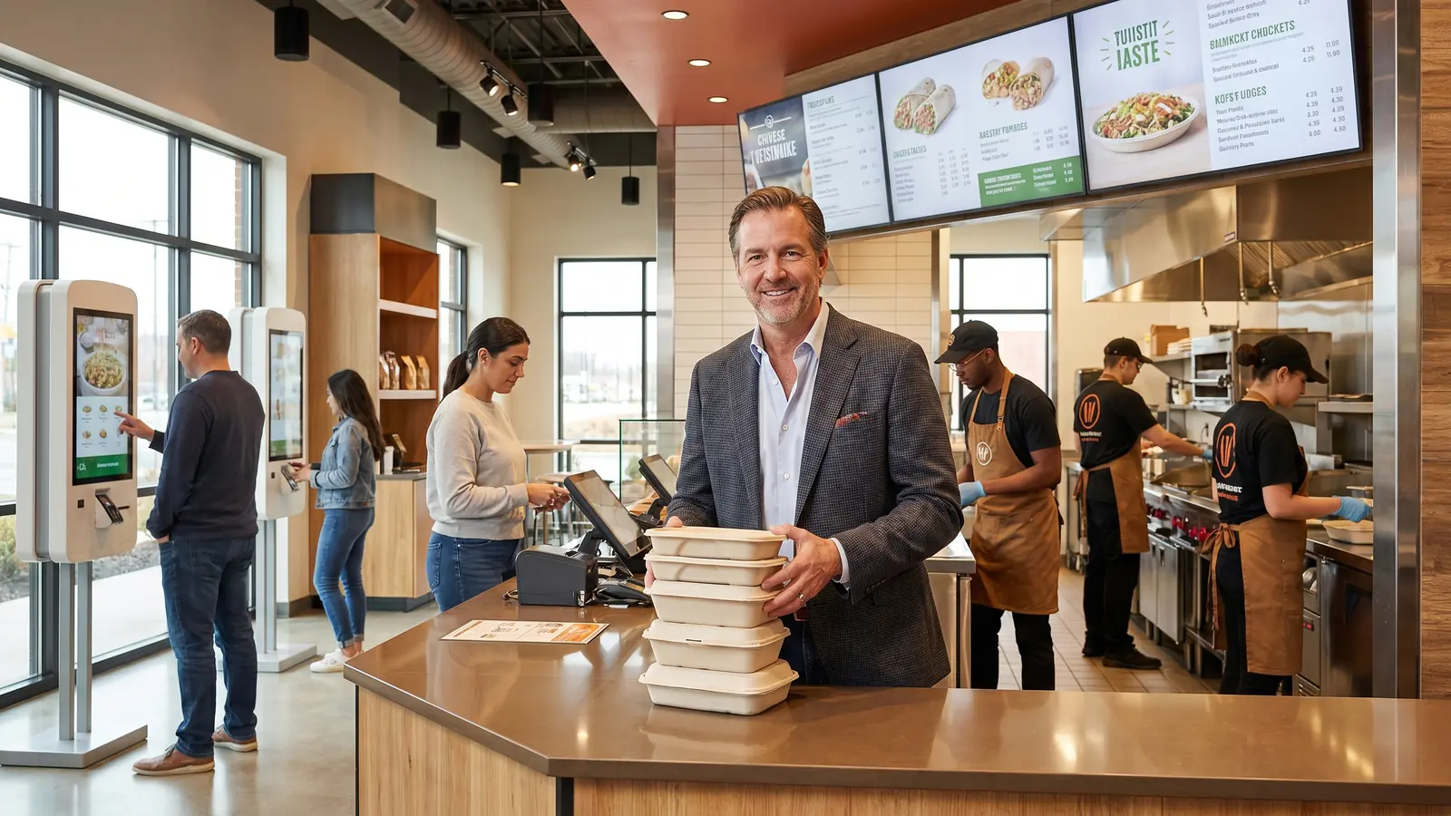 Food and beverage franchise leader standing inside a polished restaurant environment.
