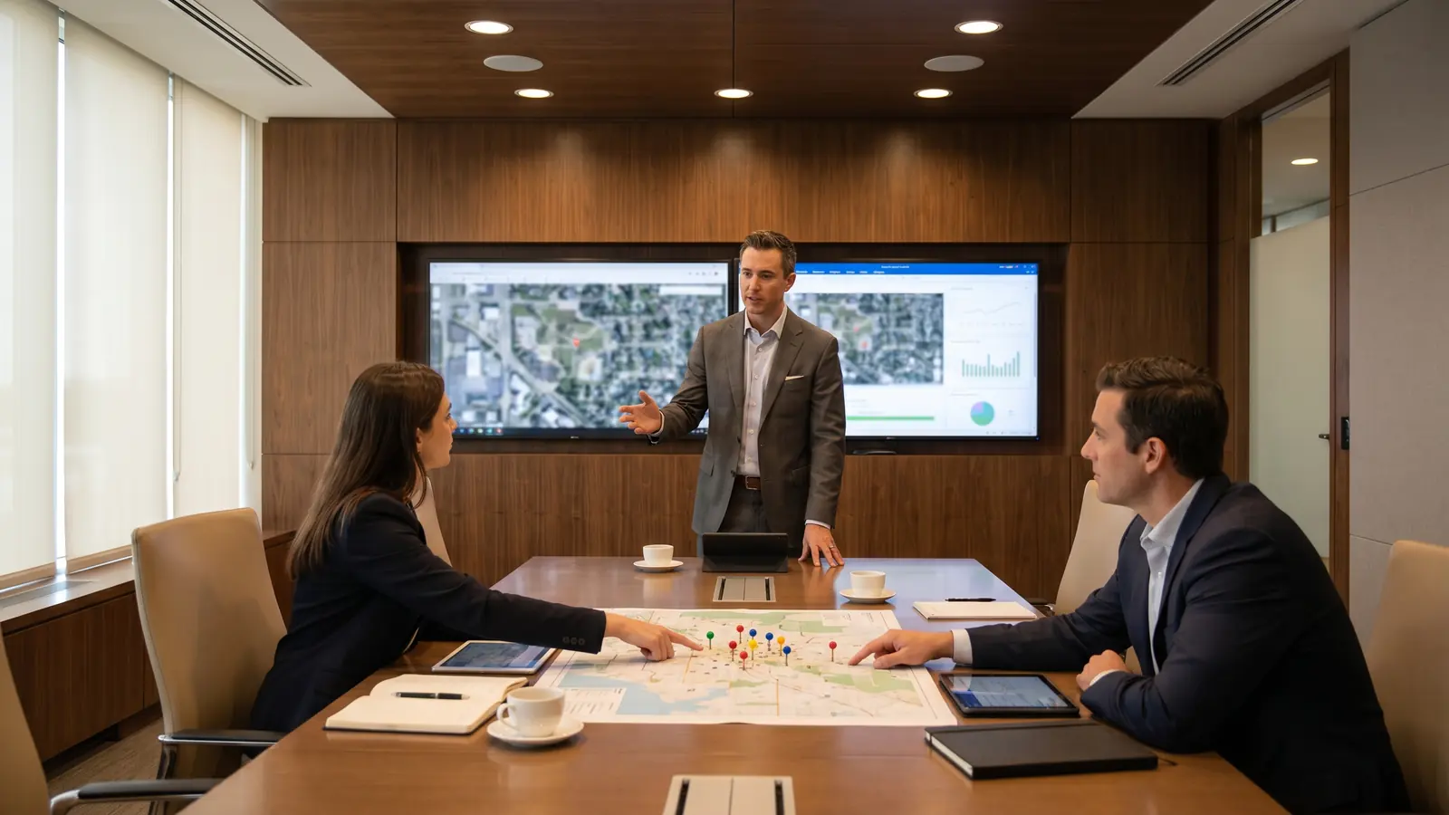 Multi-unit franchise leadership team reviewing expansion plans across multiple markets.