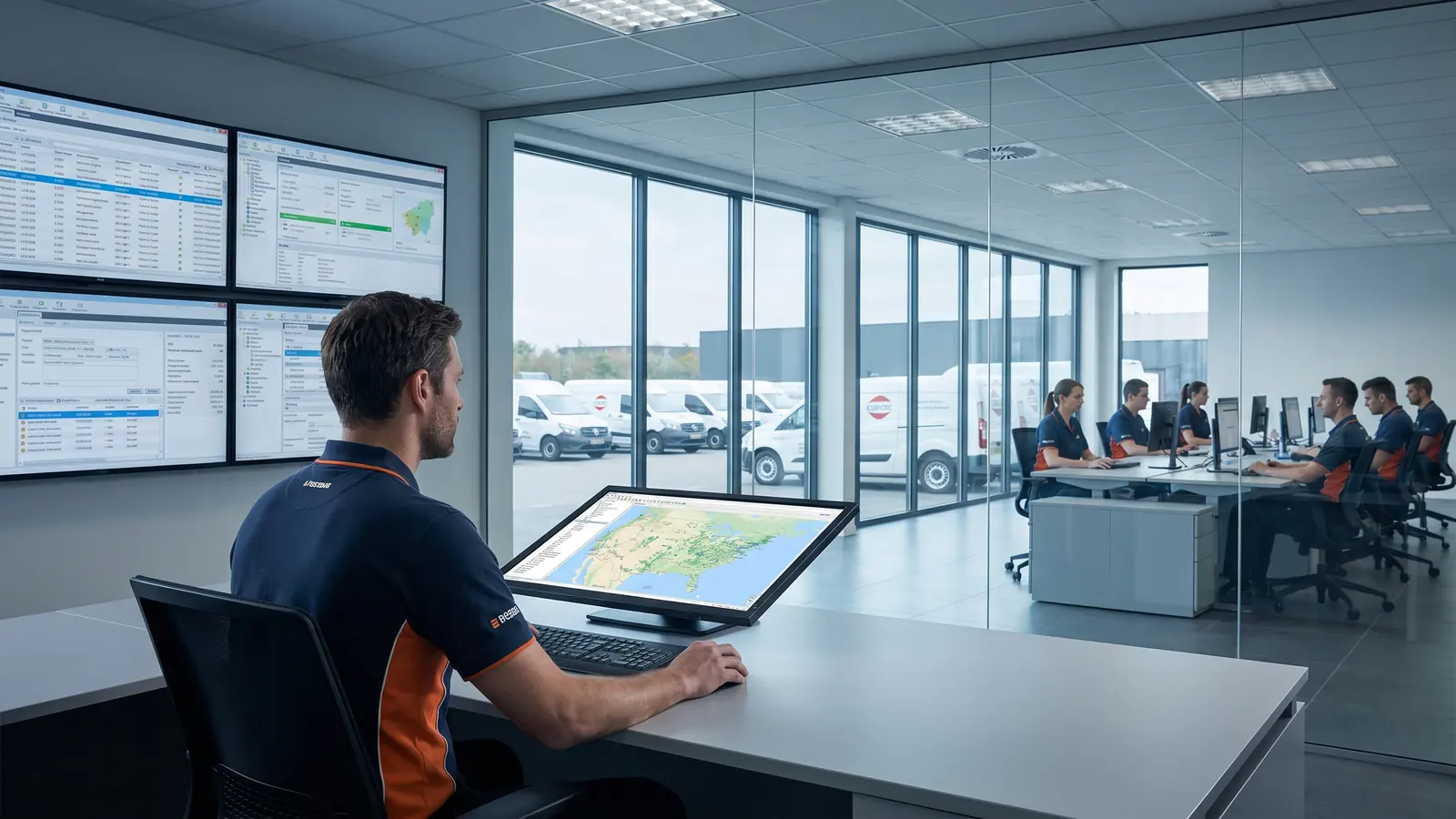 Service franchise operator in a professional operations office reviewing territory performance.