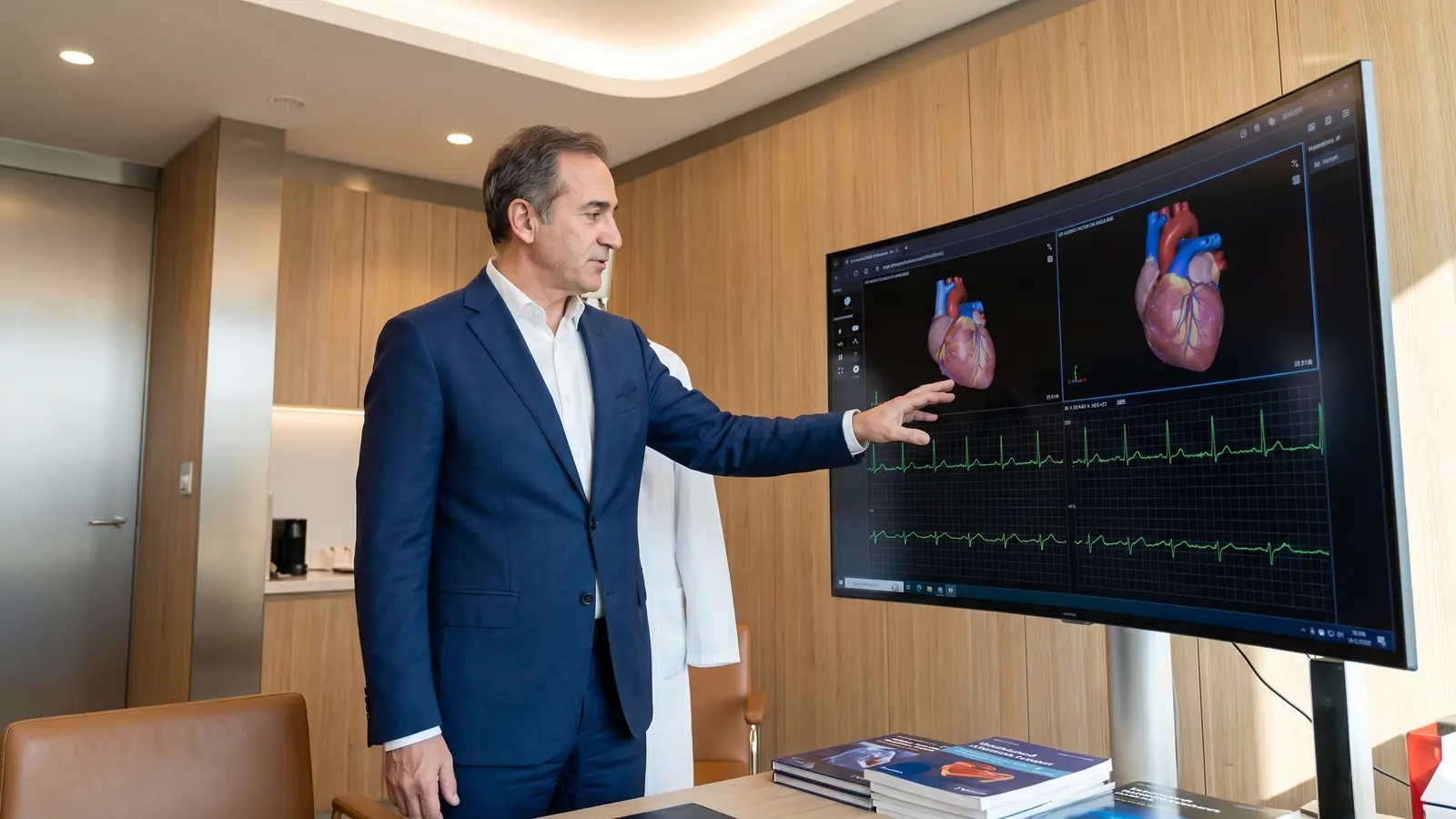 Cardiologist reviewing heart imaging in a modern specialty clinic.