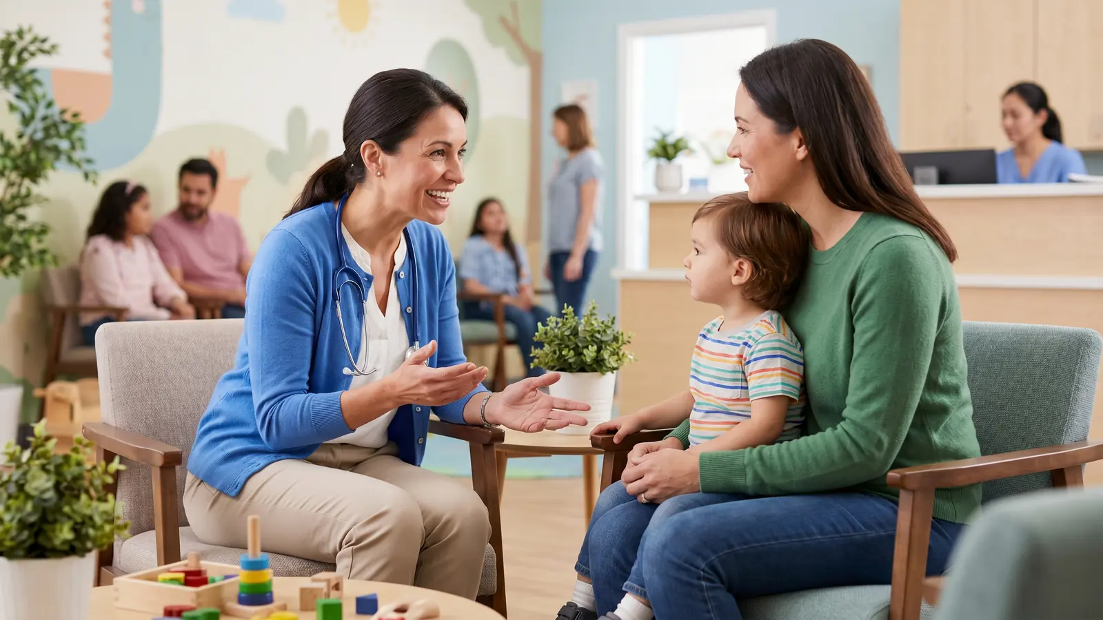 Pediatrician in a child-friendly clinic speaking with a parent and child.