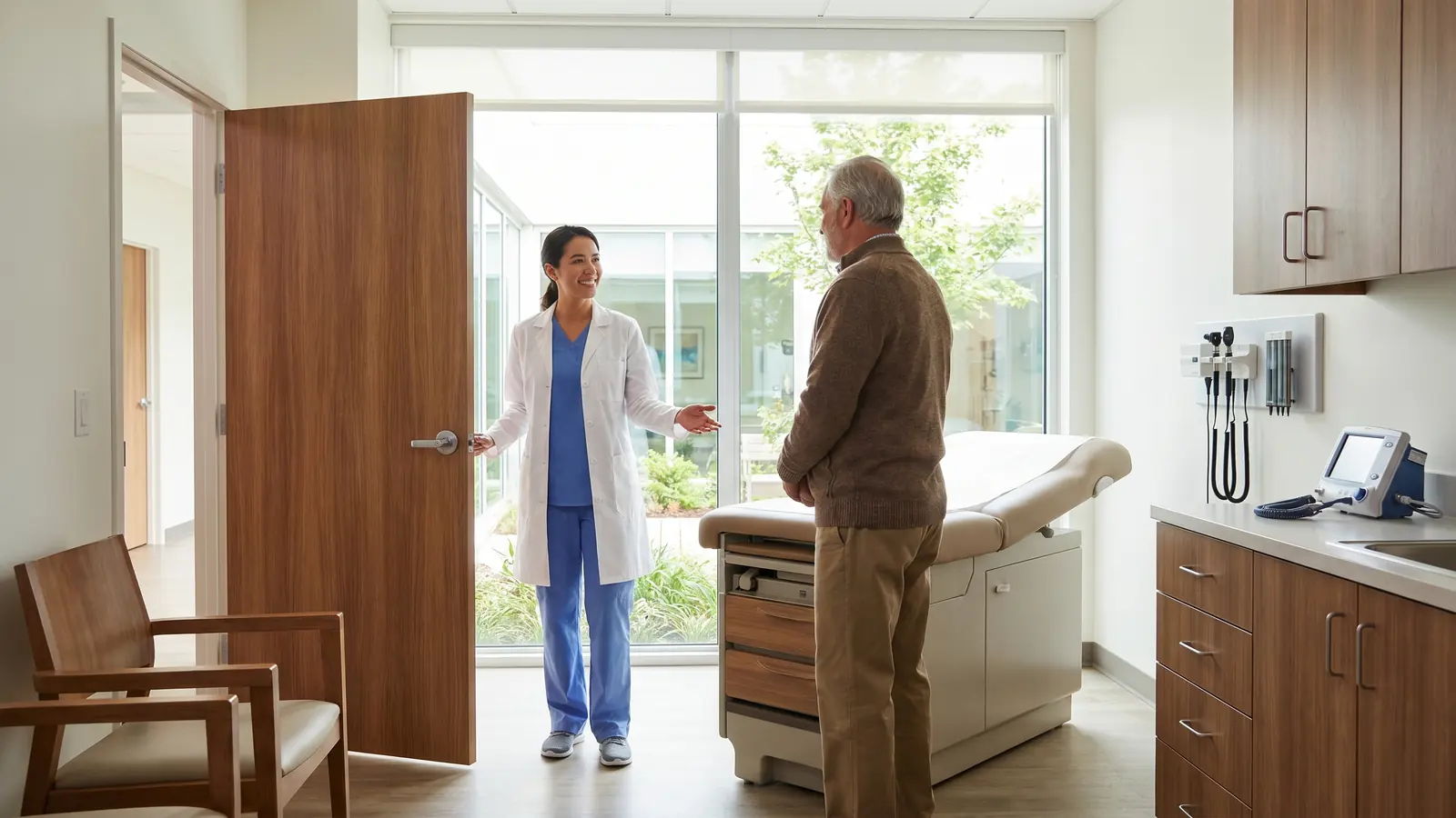 Primary care physician in a modern clinic welcoming a new patient.