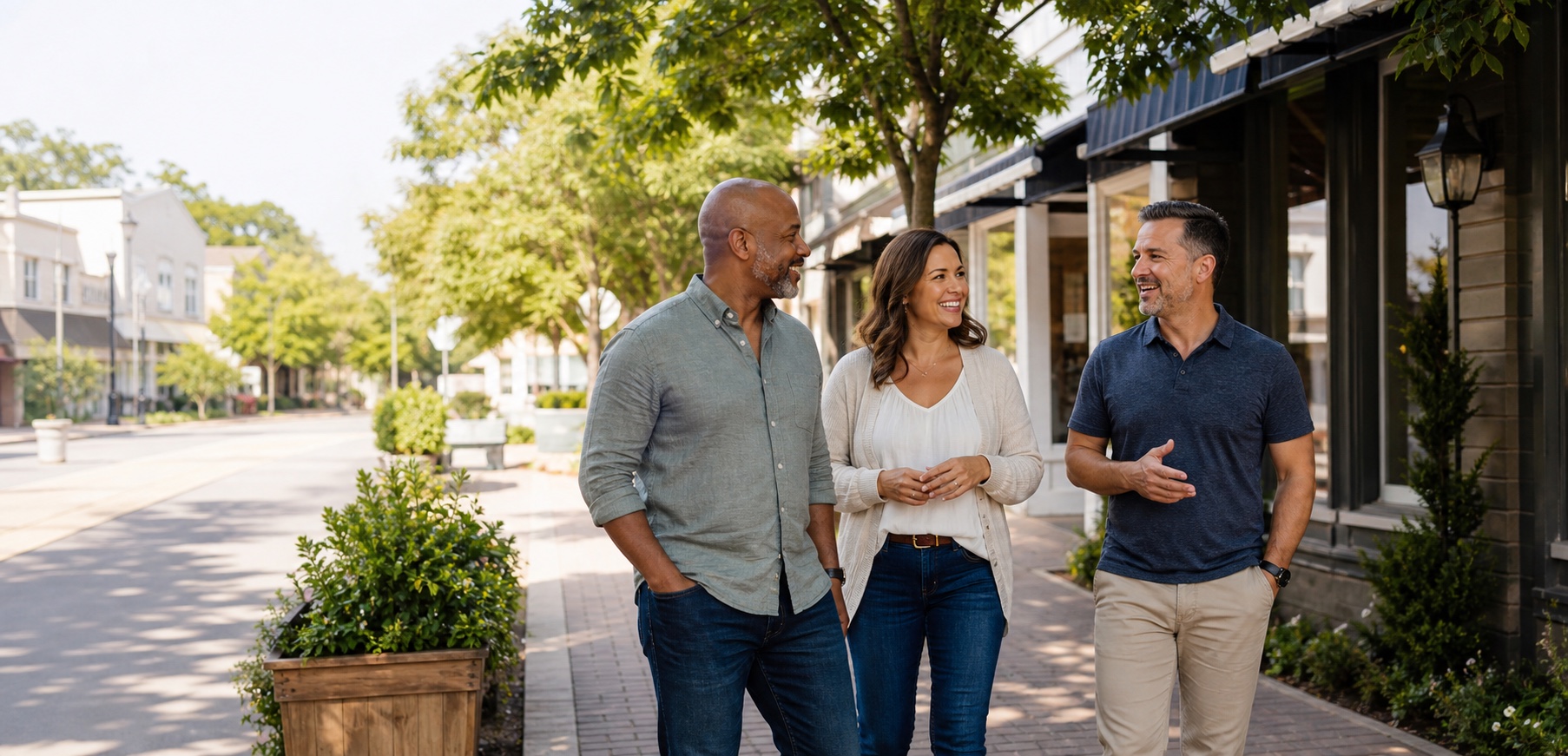Mature local business partners smiling outdoors near storefronts