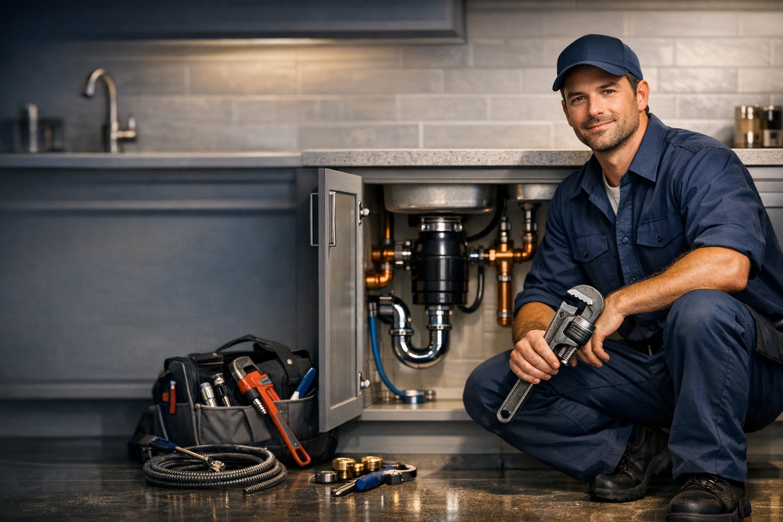 Home-service professional working on plumbing in a residential property