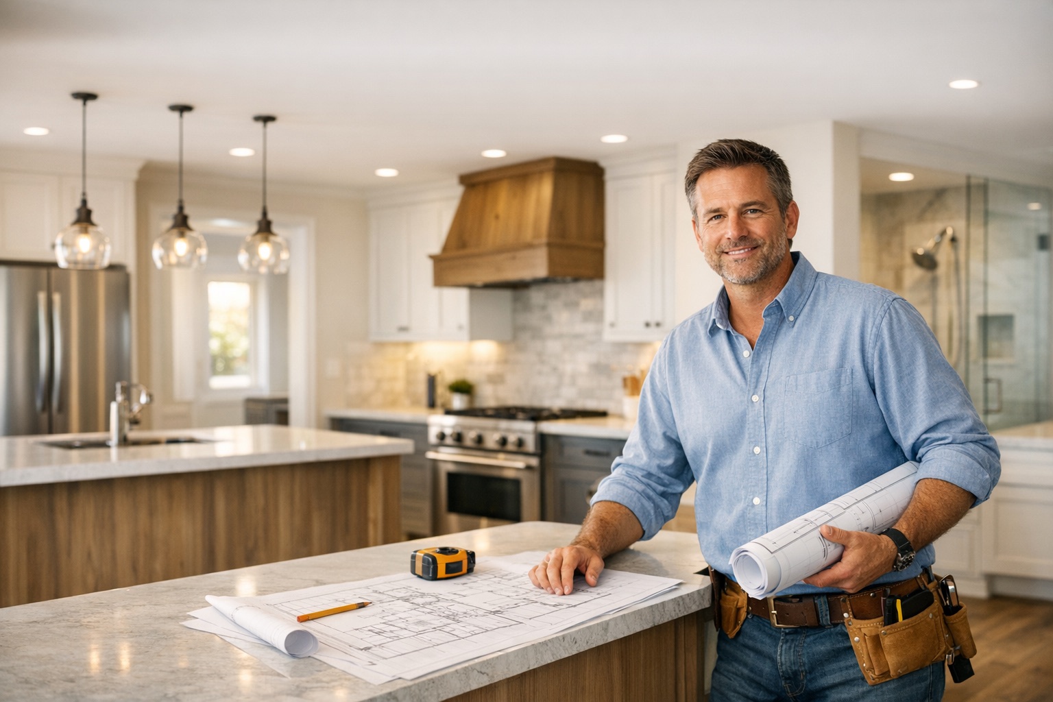 Remodelador profesional en un entorno de renovación de cocina impecable